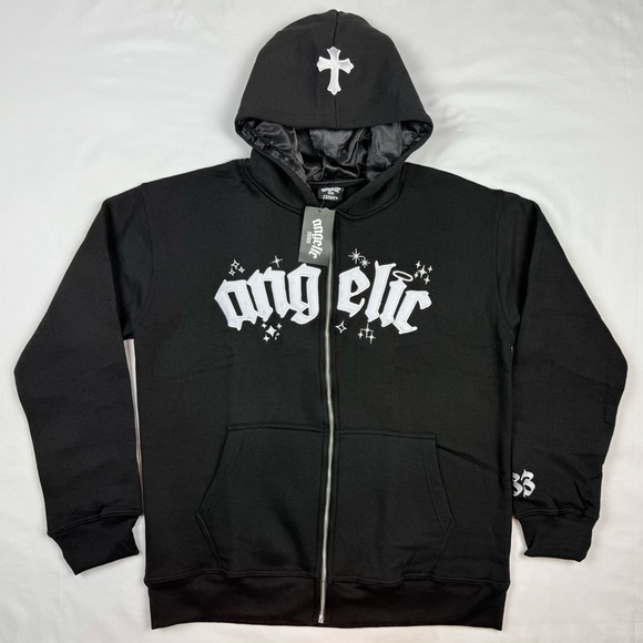 Angelic Motion Mens Onyx Zip Up Hoodie Sweatshirt Sz Large Black Embroidered B6 - Picture 1 of 9